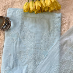 Blue Pure Cotton Unstitched Chikankari Suit Set
