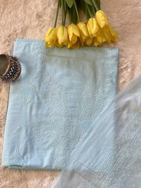 Blue Pure Cotton Unstitched Chikankari Suit Set