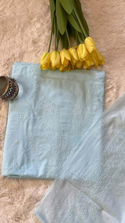 Blue Pure Cotton Unstitched Chikankari Suit Set