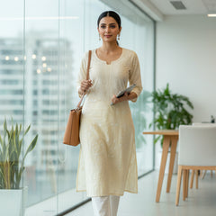 Cream Color Pure Cotton Unstitched Chikankari Suit Set