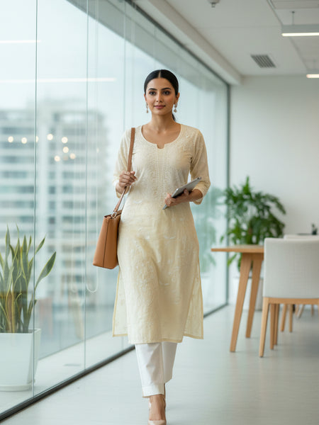 Cream Color Pure Cotton Unstitched Chikankari Suit Set