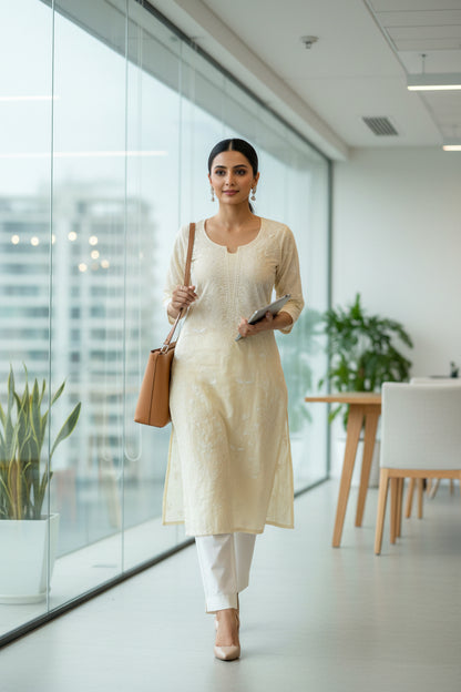 Cream Color Pure Cotton Unstitched Chikankari Suit Set