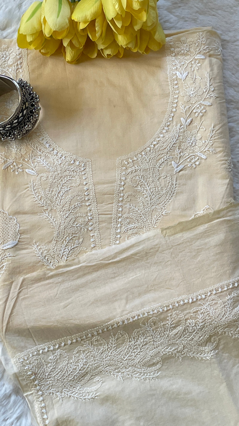 Cream Color Pure Cotton Unstitched Chikankari Suit Set