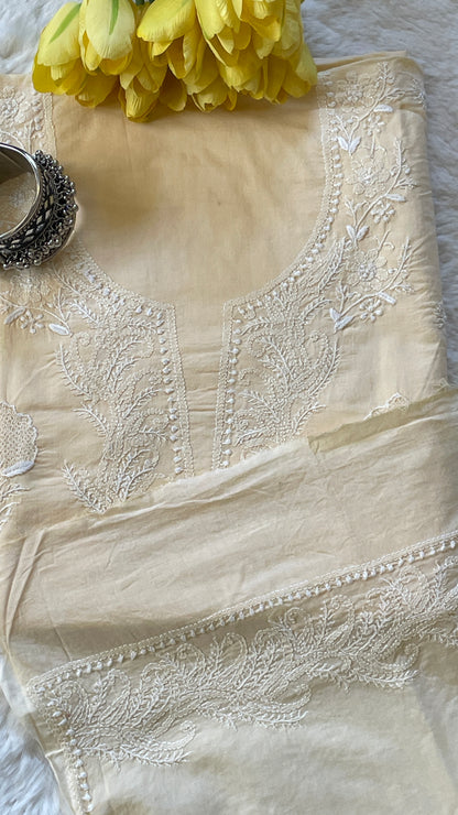 Cream Color Pure Cotton Unstitched Chikankari Suit Set
