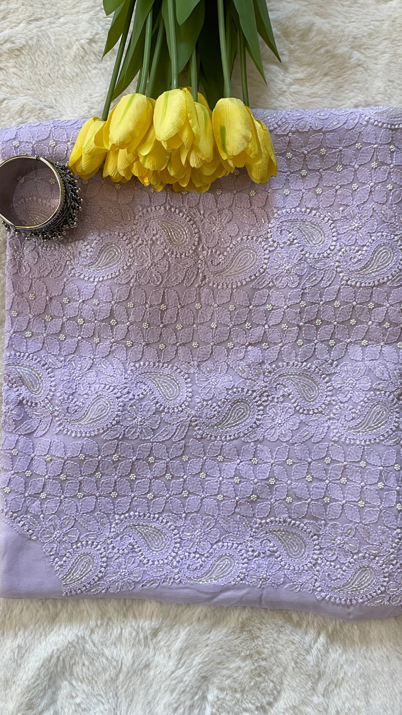 Lavender Color Georgette Chikankari Unstitched Suit Set With Pearl Work