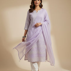 Lavender Color Georgette Chikankari Unstitched Suit Set With Pearl Work