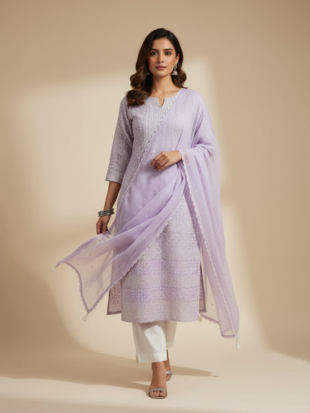 Lavender Color Georgette Chikankari Unstitched Suit Set With Pearl Work