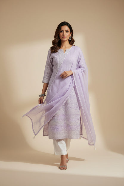 Lavender Color Georgette Chikankari Unstitched Suit Set With Pearl Work