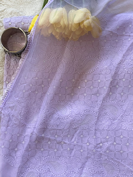 Lavender Color Georgette Chikankari Unstitched Suit Set With Pearl Work