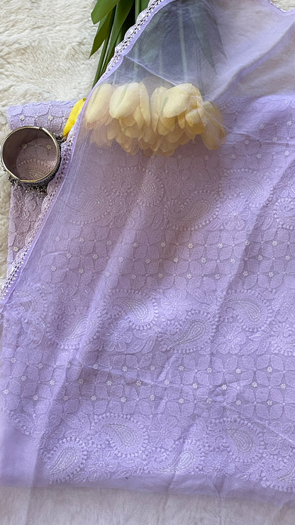 Lavender Color Georgette Chikankari Unstitched Suit Set With Pearl Work