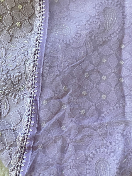 Lavender Color Georgette Chikankari Unstitched Suit Set With Pearl Work