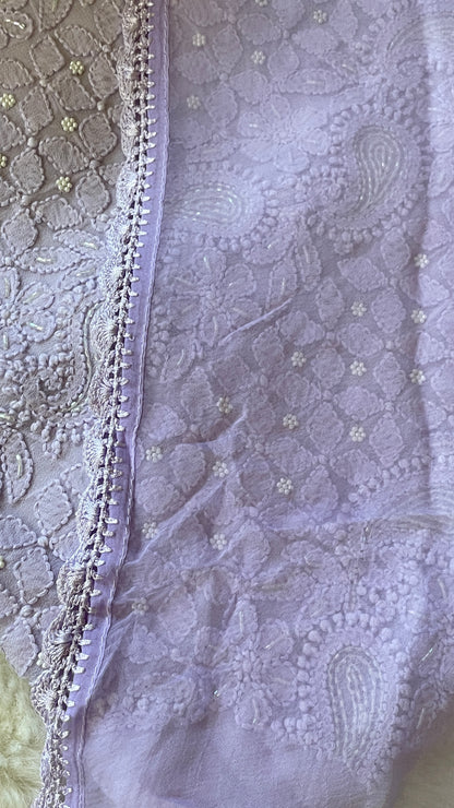 Lavender Color Georgette Chikankari Unstitched Suit Set With Pearl Work