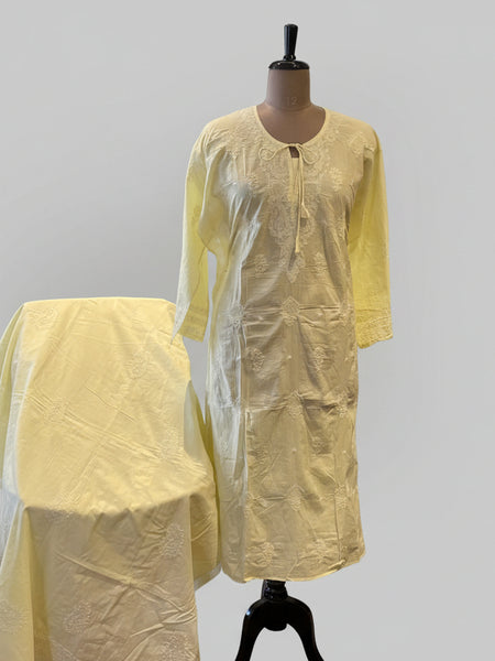 Lemon Yellow Pure Cotton Chikankari Semistitched Suit Set