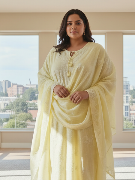 Lemon Yellow Pure Cotton Chikankari Semistitched Suit Set