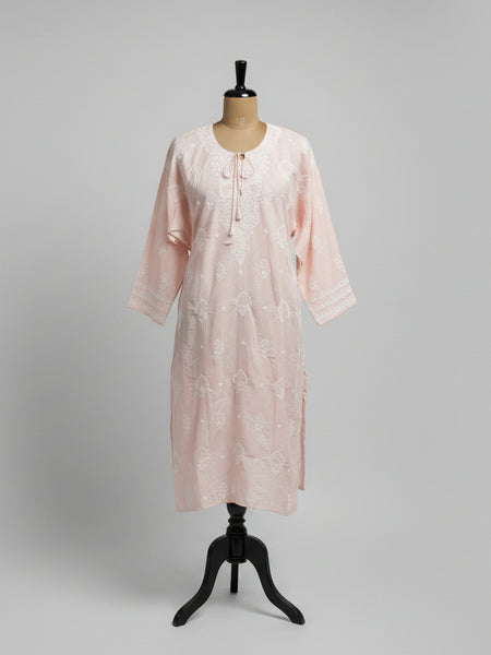 A pink Pure Cotton Chikankari Suit Set displayed on a mannequin, consisting of a kurta, matching bottoms, and a dupatta.