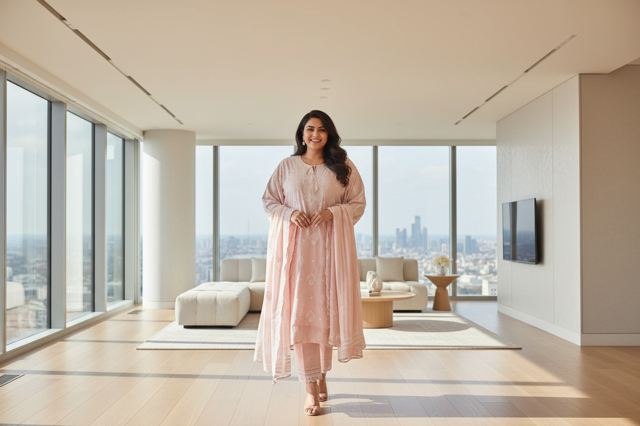 Pure Cotton Chikankari Semistitched Suit Set