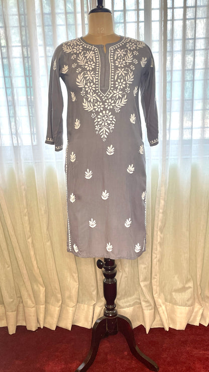 Grey Embroidery Chikanakri Rayon Long Kurti