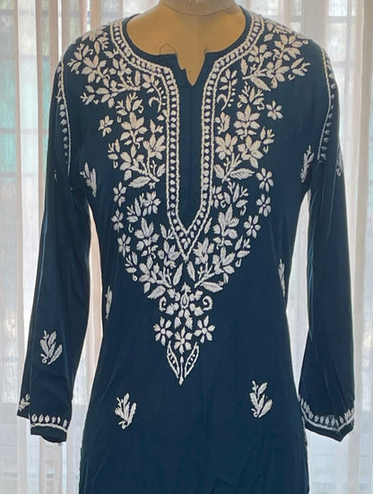 Blue Embroidery Chikankari Rayon Long Kurti