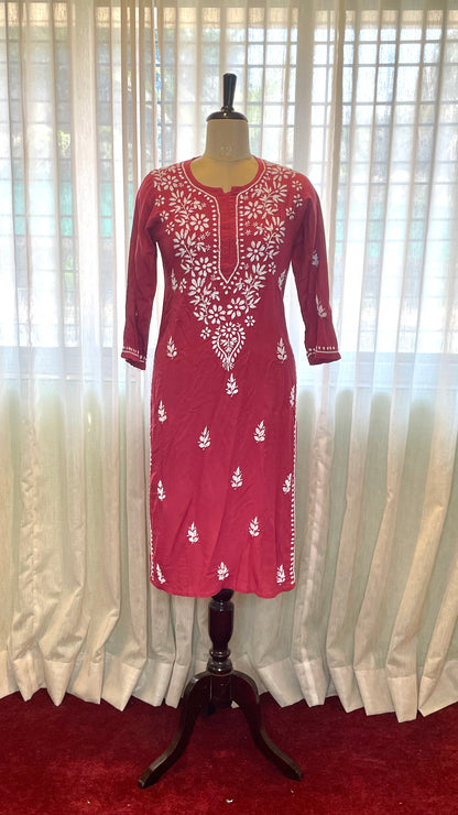 Red Embroidery Chikankari Rayon Long Kurti