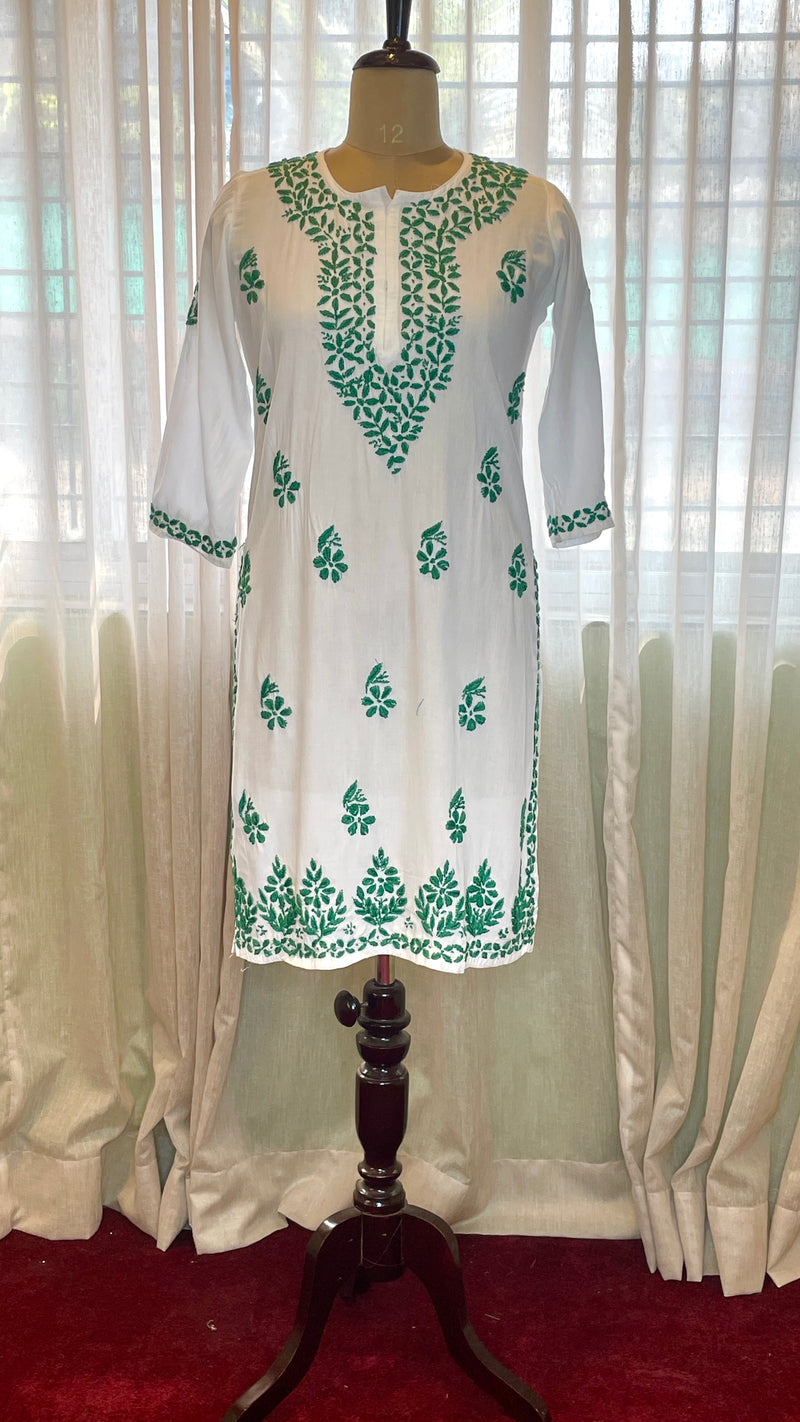 White with Dark Green Embroidery Rayon Long Kurti