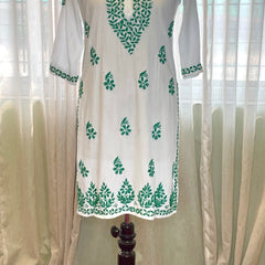 White with Dark Green Embroidery Rayon Long Kurti