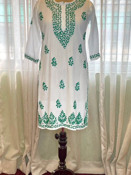 White with Dark Green Embroidery Rayon Long Kurti