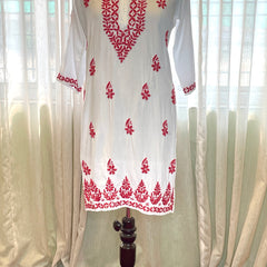 White and Pink Rayon Long Kurti