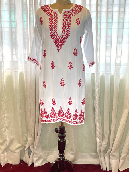 White and Pink Rayon Long Kurti