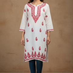 White and Pink Rayon Long Kurti