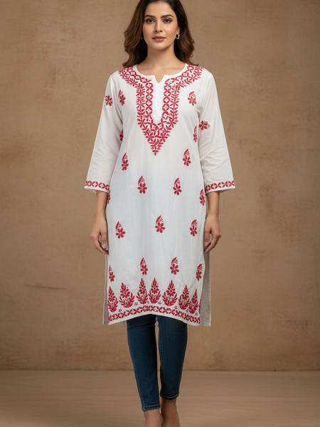 White and Pink Rayon Long Kurti