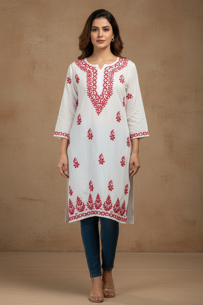 White and Pink Rayon Long Kurti