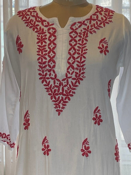 White and Pink Rayon Long Kurti