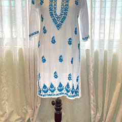 White and Blue Rayon Long Kurti
