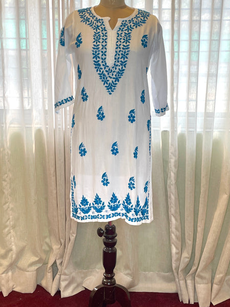 White and Blue Rayon Long Kurti
