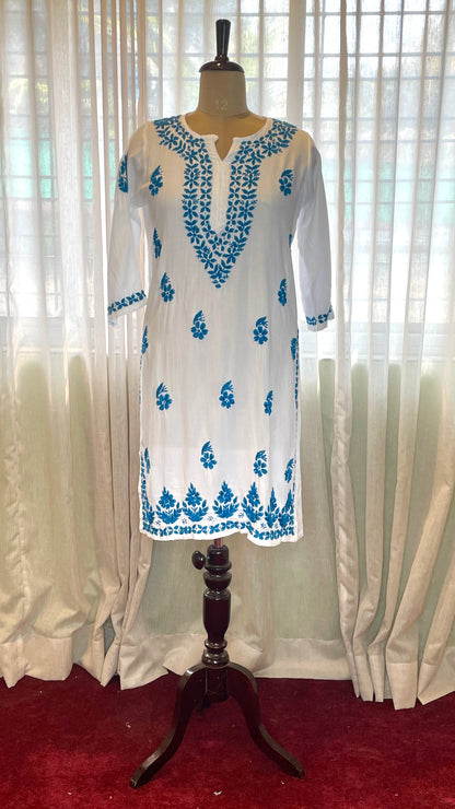 White and Blue Rayon Long Kurti