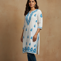 White and Blue Rayon Long Kurti