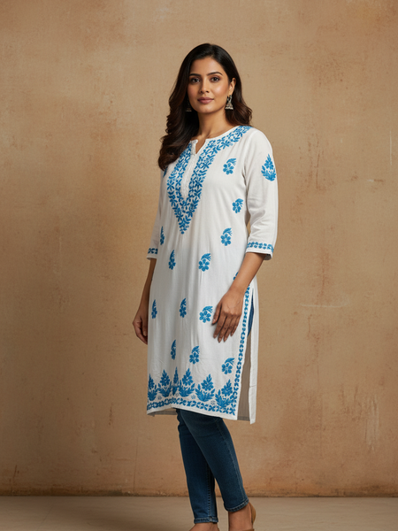 White and Blue Rayon Long Kurti