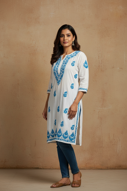 White and Blue Rayon Long Kurti