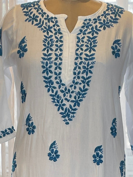White and Blue Rayon Long Kurti
