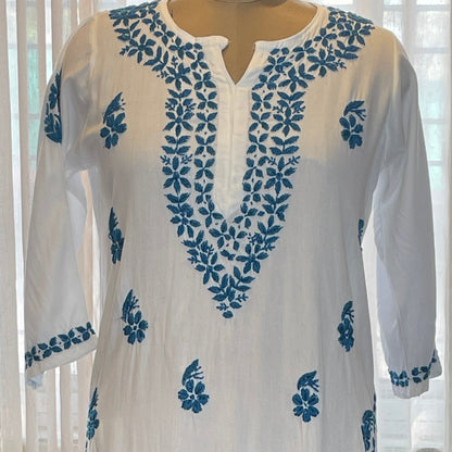 White and Blue Rayon Long Kurti