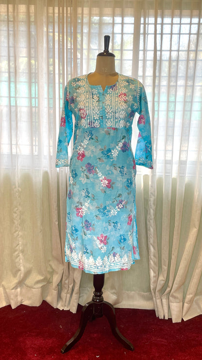 Blue Chikanakri Mulmul Pocket Kurti
