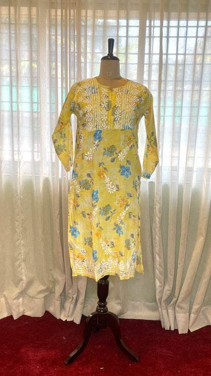 Yellow Chikankari Mulmul Pocket Kurti