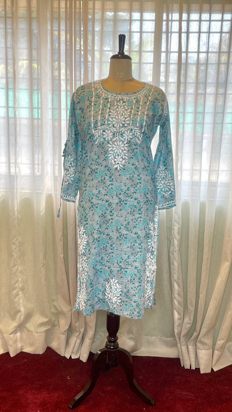 Blue Mulmul Dori Sleeves Kurti Set