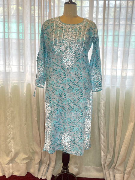 Blue Mulmul Dori Sleeves Kurti Set