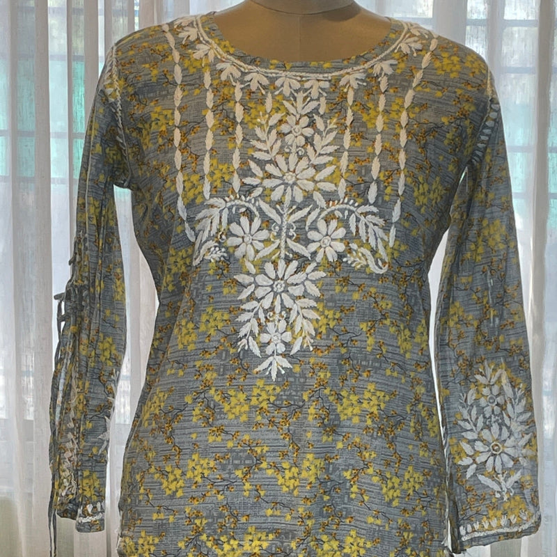 Yellow Mulmul Dori Sleeves Kurti Set