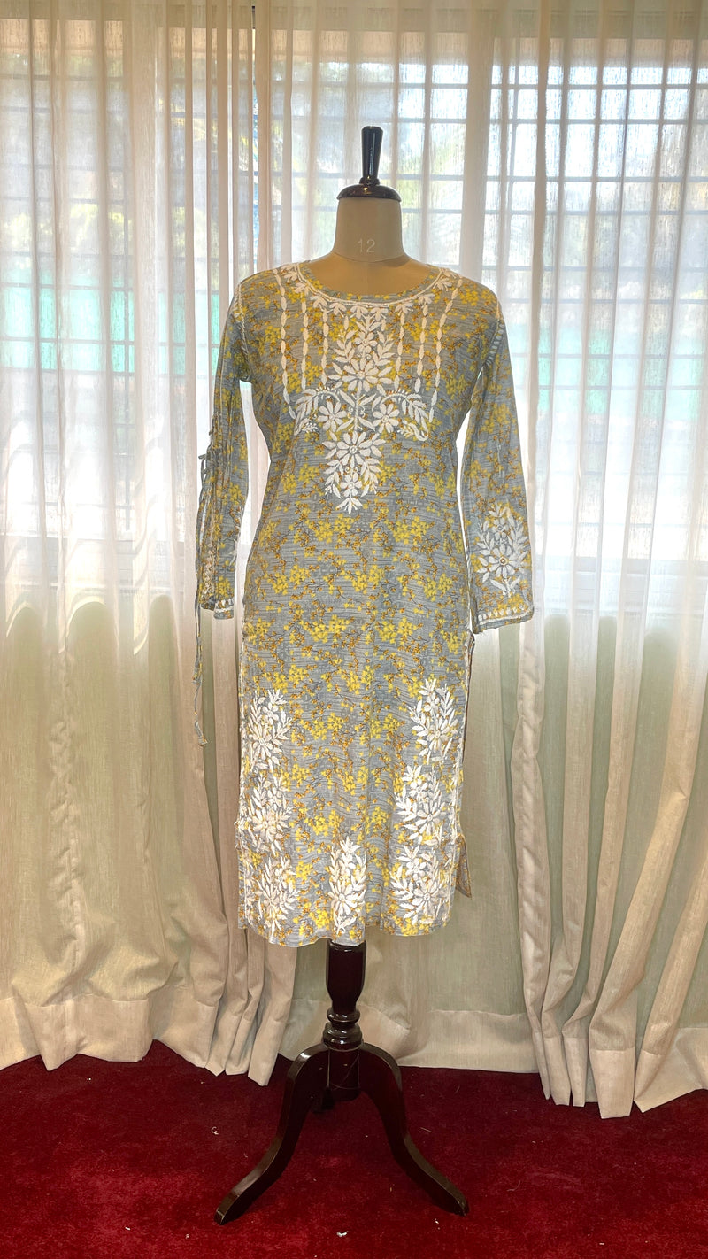 Yellow Mulmul Dori Sleeves Kurti Set
