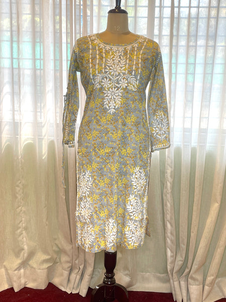 Yellow Mulmul Dori Sleeves Kurti Set