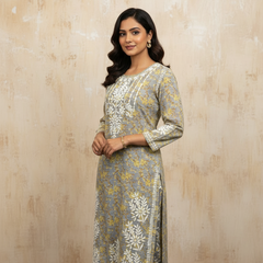 Yellow Mulmul Dori Sleeves Kurti Set