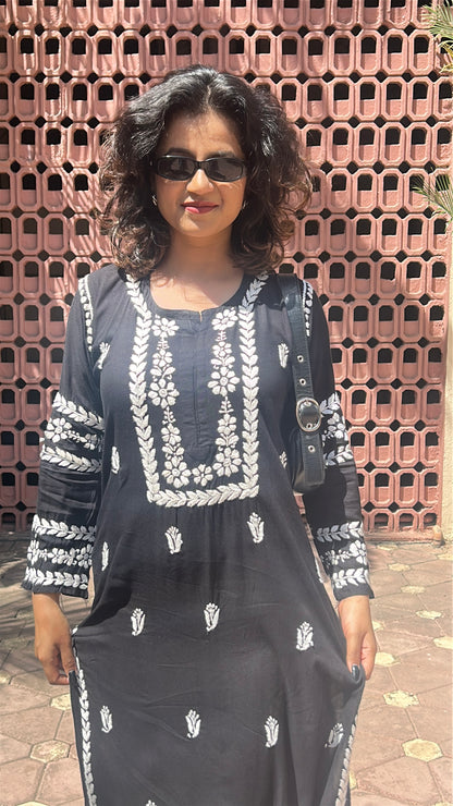 Black Chikankari Modal Long Kurti