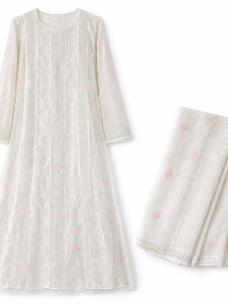 White Semistitched Anarkali Kurta Dupatta Set With Multicolored Kali's